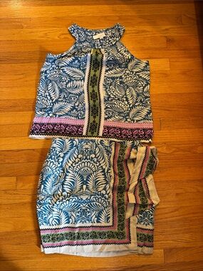 LOFT Blue & White Halter Crop Top with Pink and Green Trim